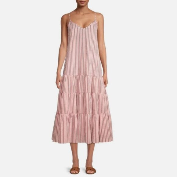 Boss Dresses & Skirts - BOSS Datecara White Pink Striped Sleeveless V-Neck Midi Dress Sundress Sz 4 NWT